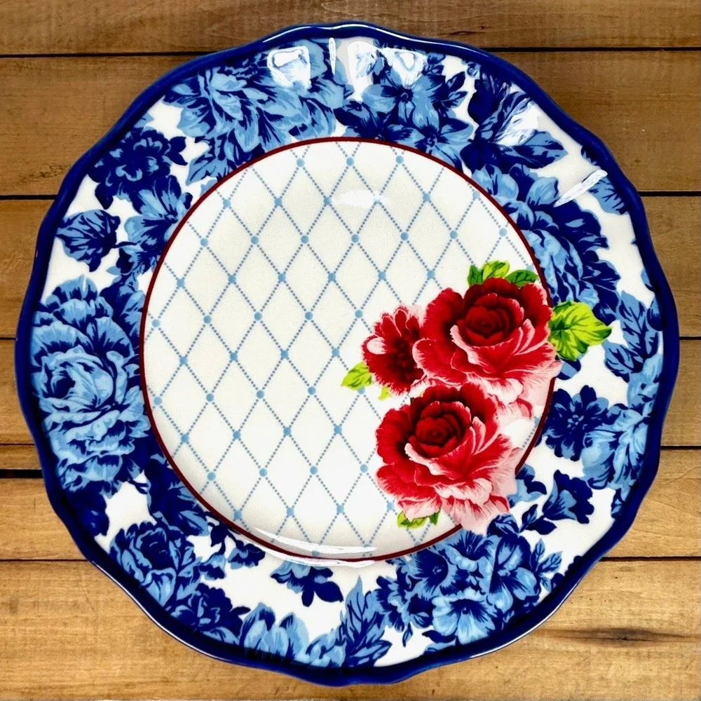Set Of 4 Pioneer Woman Heritage Floral 10.25 Dinner Plate Cobalt Blue Red Flower